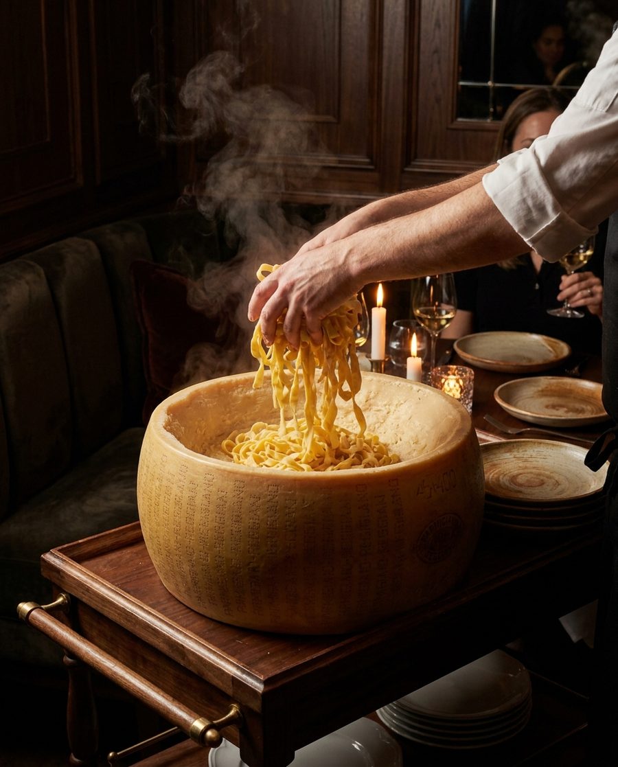 Tagliatelle finished in the parmigiano wheel
