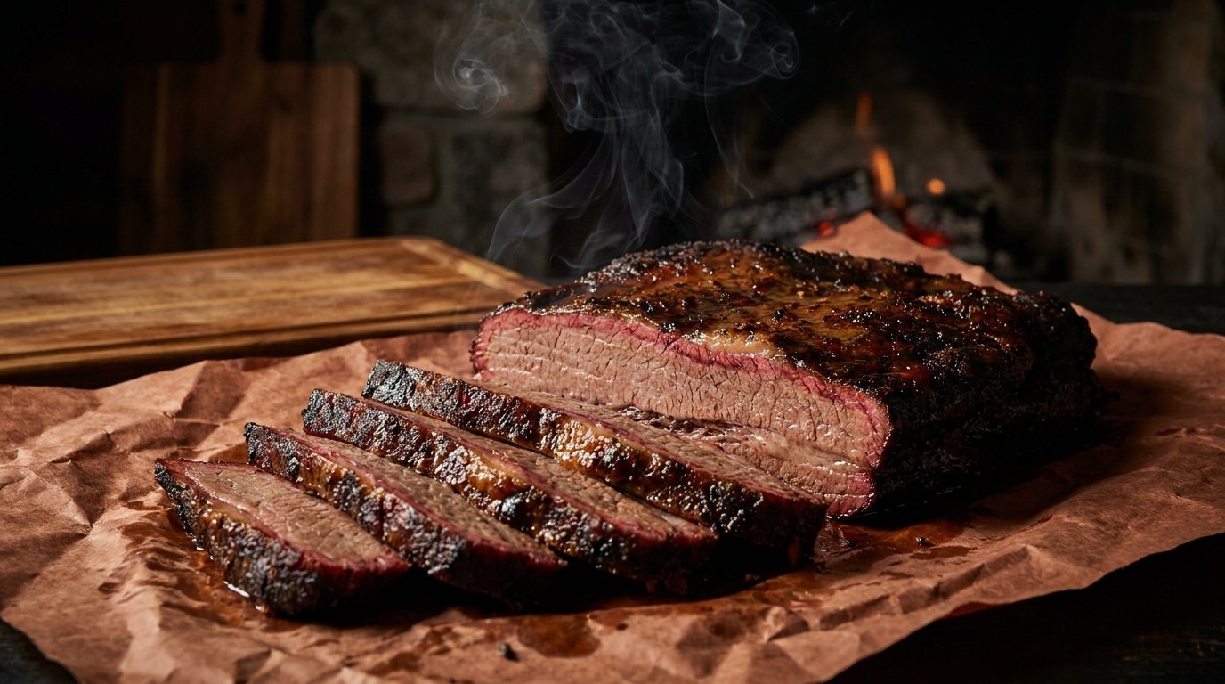 Sliced smoked brisket with a deep smoke ring