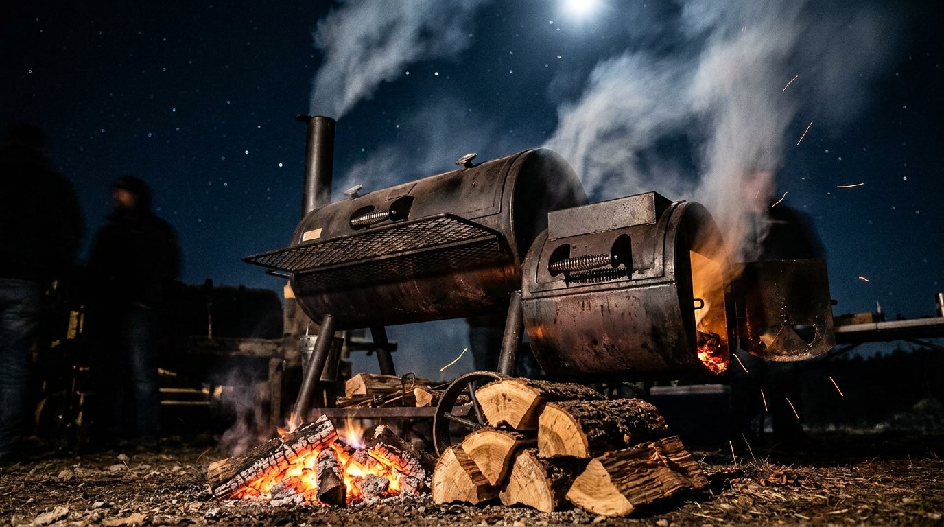 Steel offset smoker pouring smoke