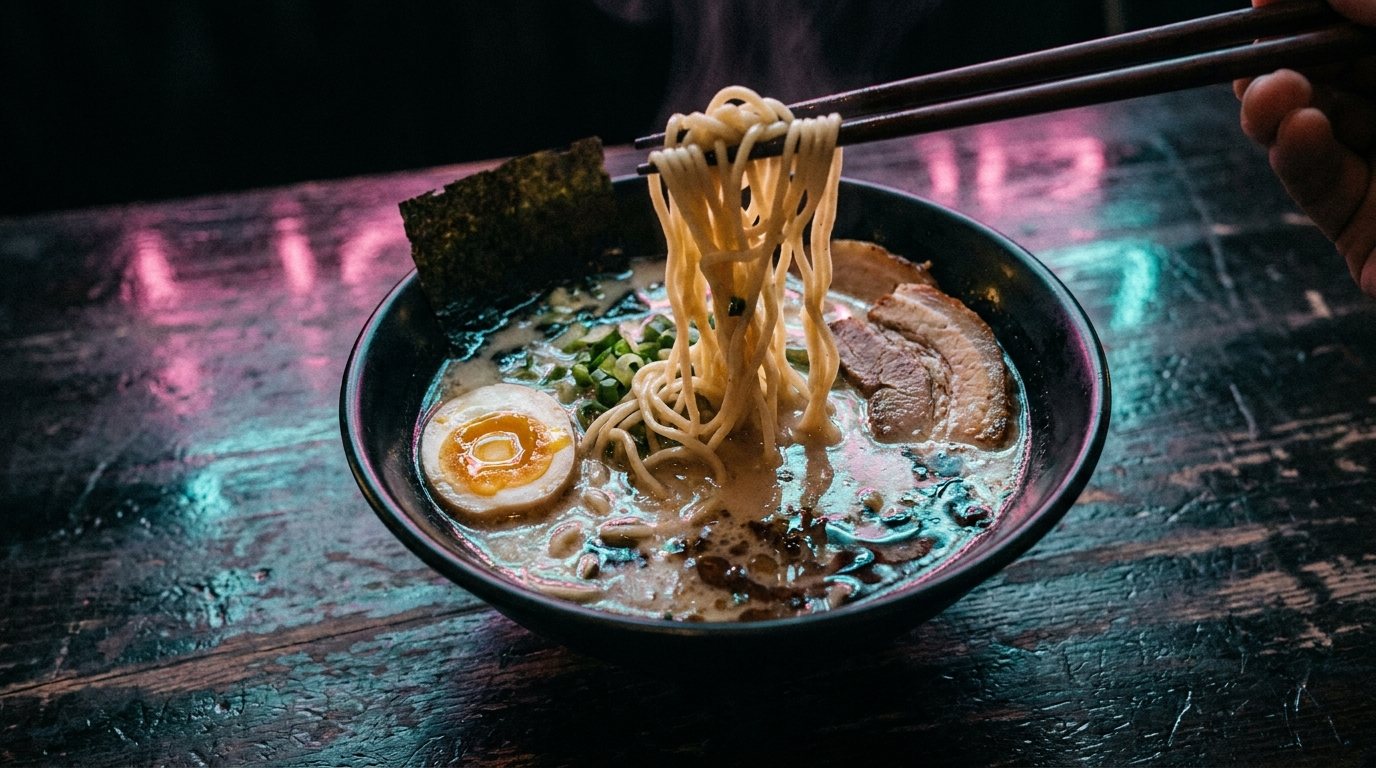 Neon-lit tonkotsu ramen bowl with noodles lifted by chopsticks