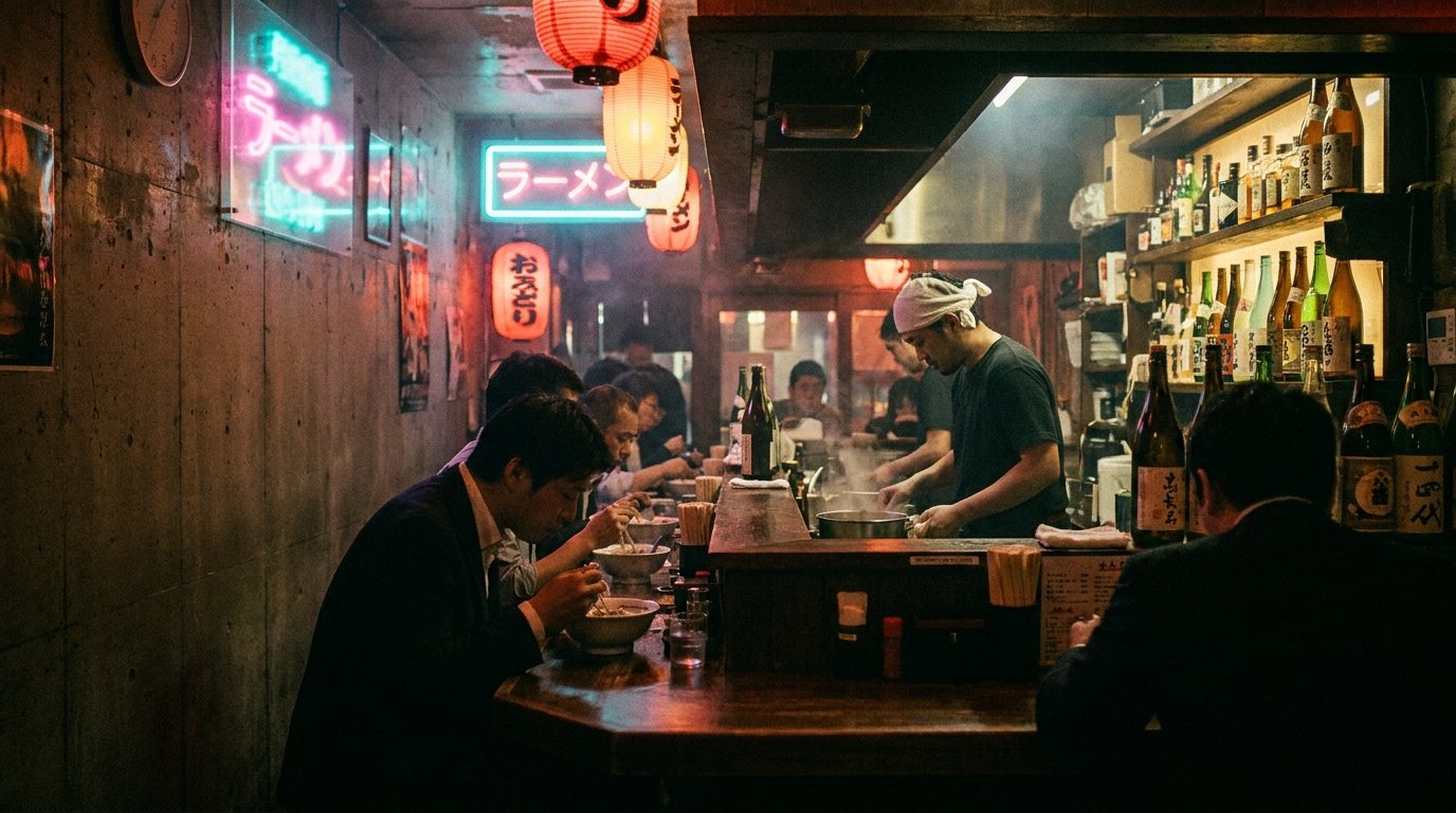 Neon-lit izakaya interior
