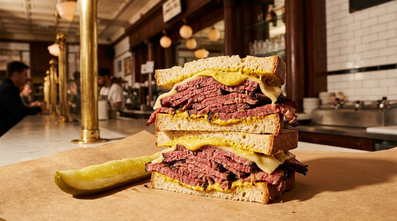 Towering pastrami on rye sandwich at the deli counter