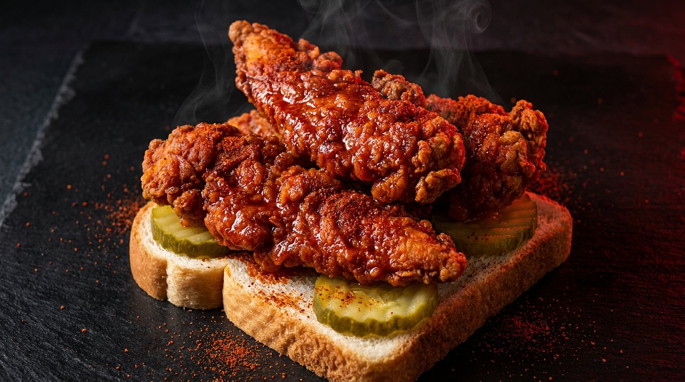 Nashville hot chicken tenders on white bread with pickles