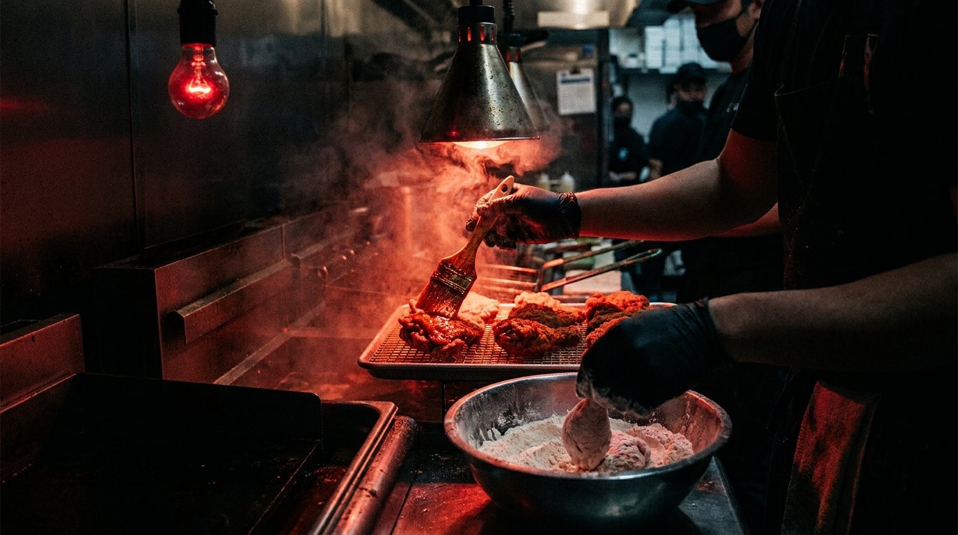 Cook brushing spice oil on fried chicken