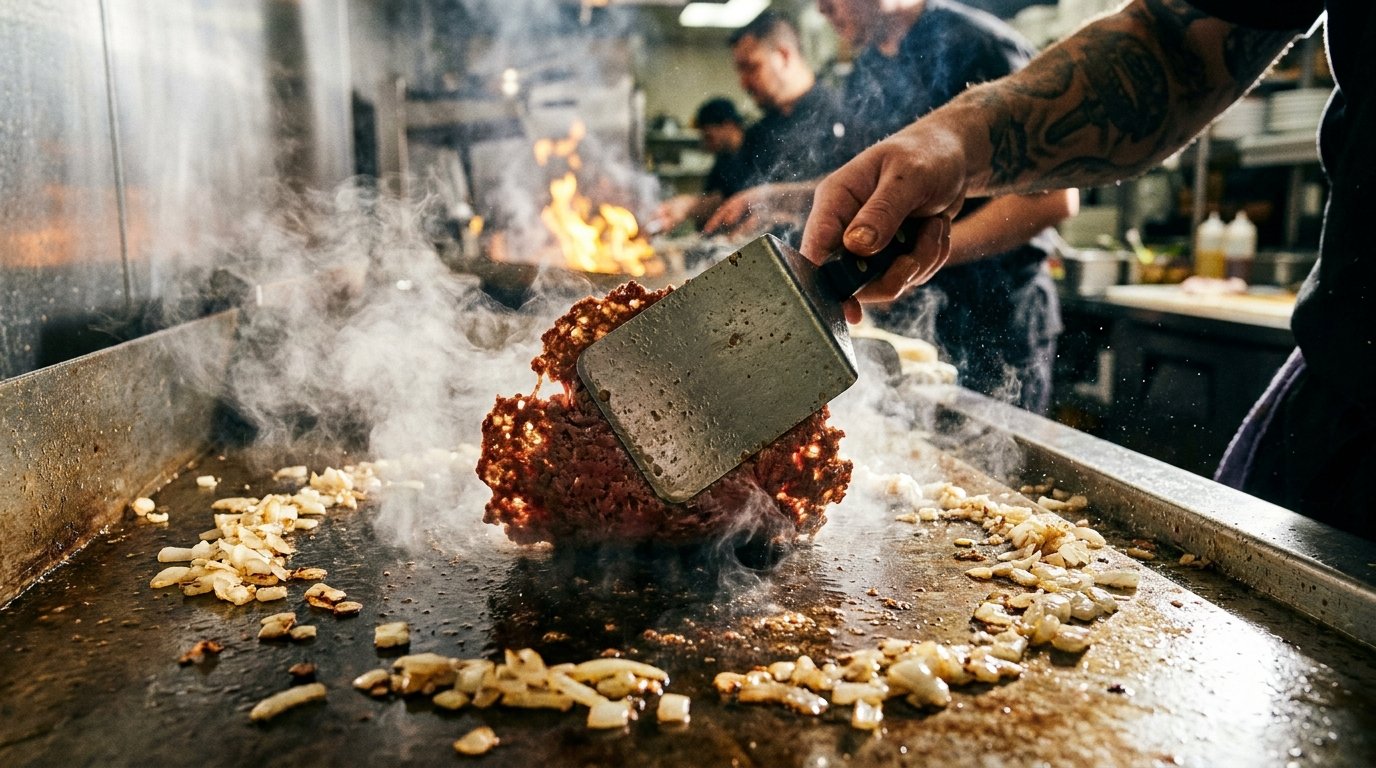 Spatula smashing a patty on the griddle