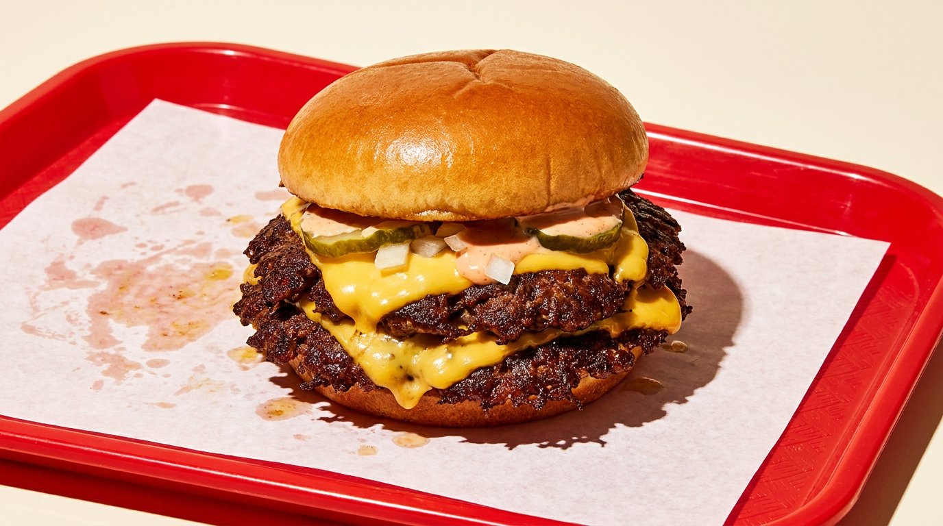 Double smash burger with melted cheese on a red tray