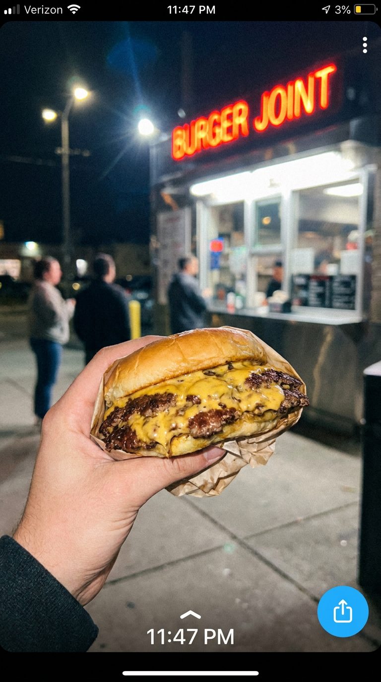 Customer holding up a smash burger at the window