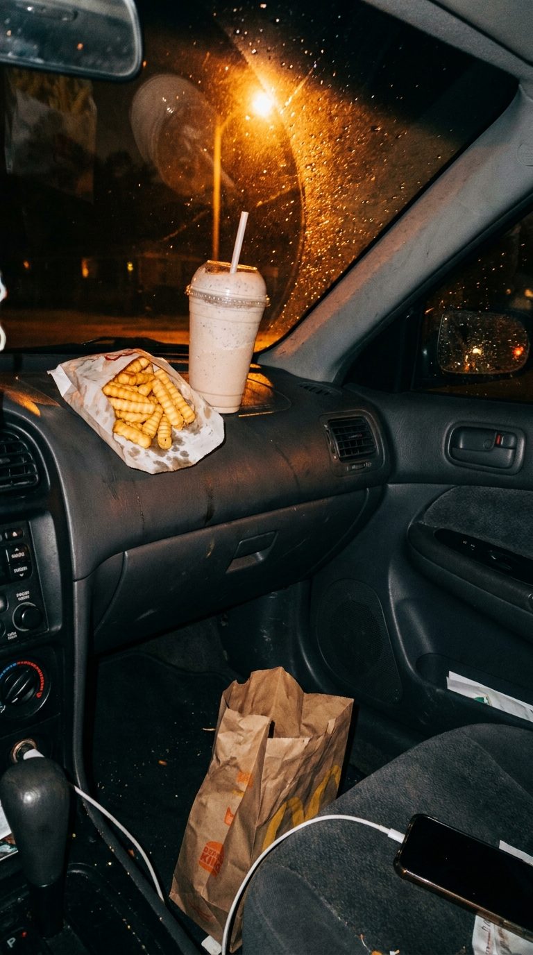Fries and a shake on a car dashboard