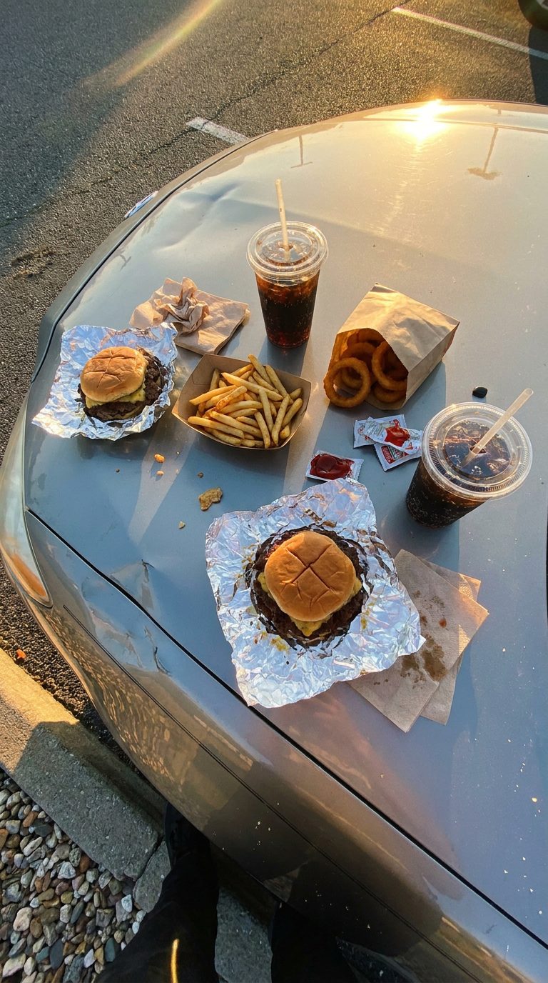 Burger spread on a car hood