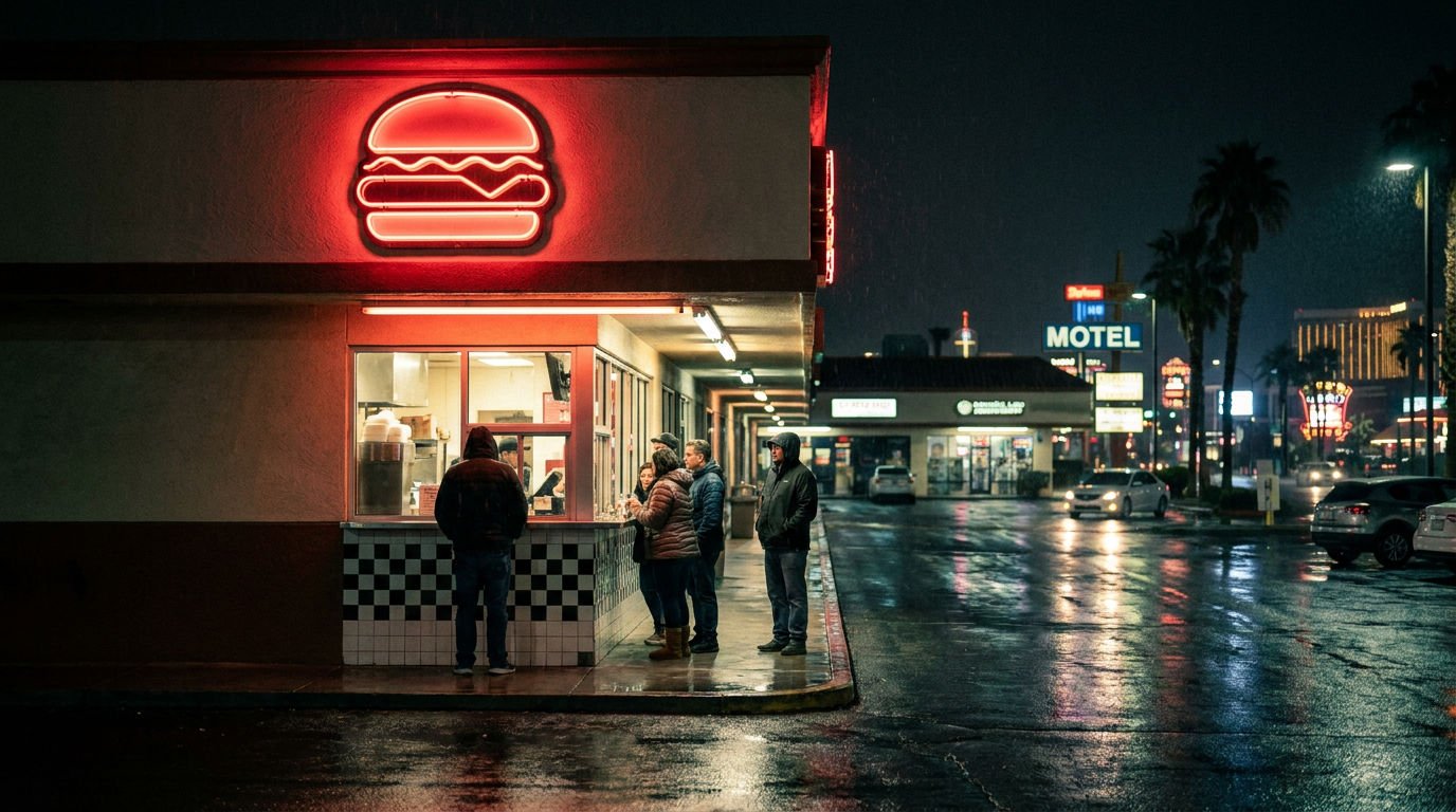 The STACKED walk-up window at night