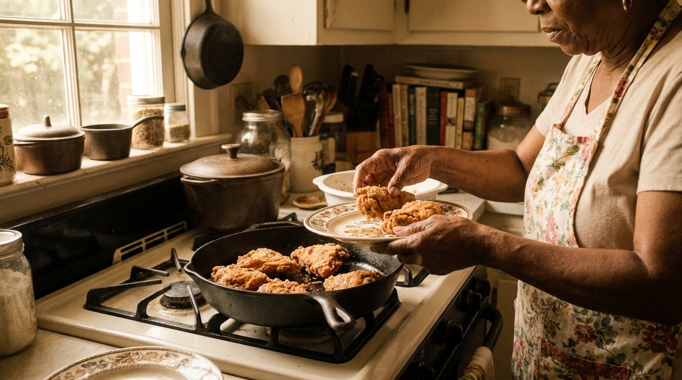Plating fried chicken in the kitchen