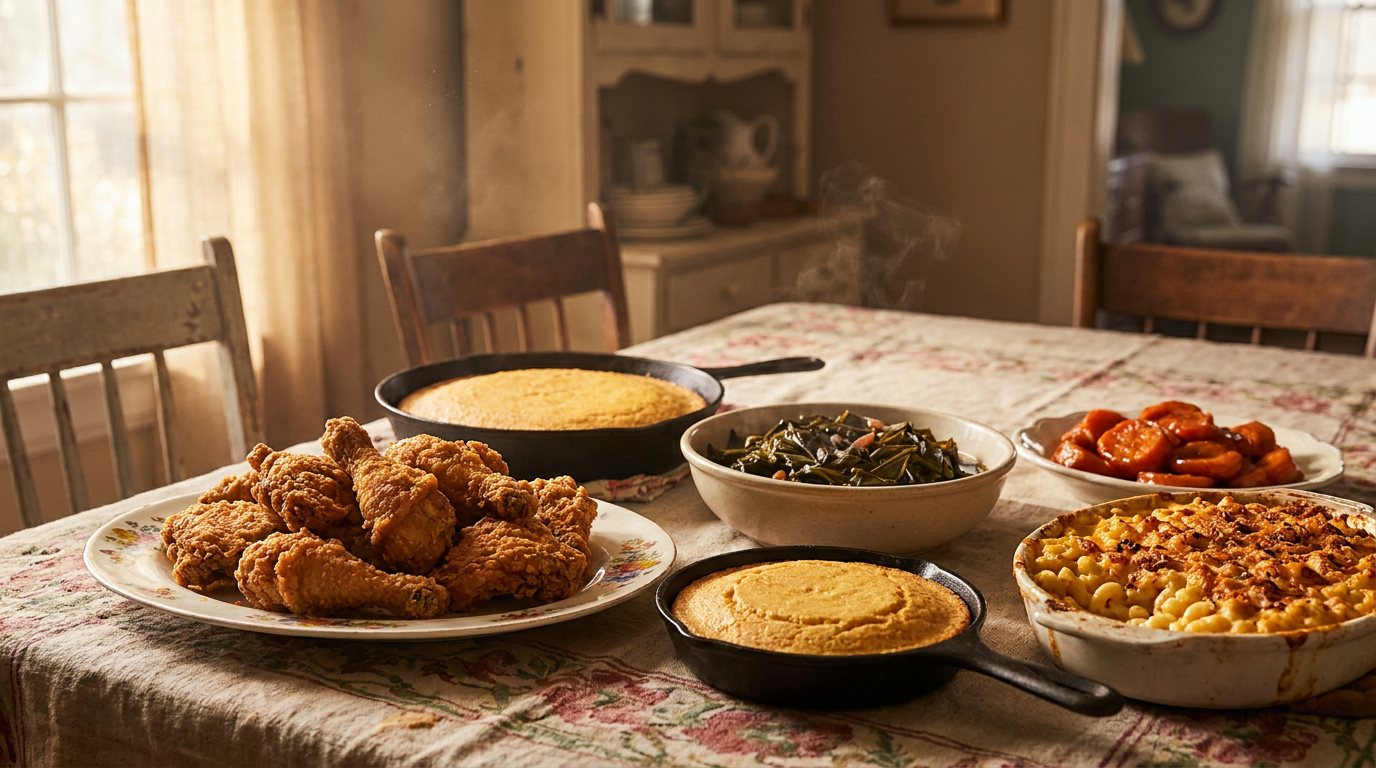 Family-style soul food spread