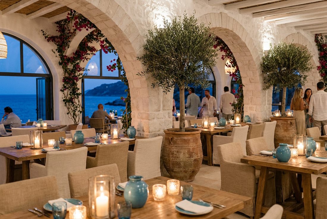 Inside Thalassa — whitewashed arches and olive trees