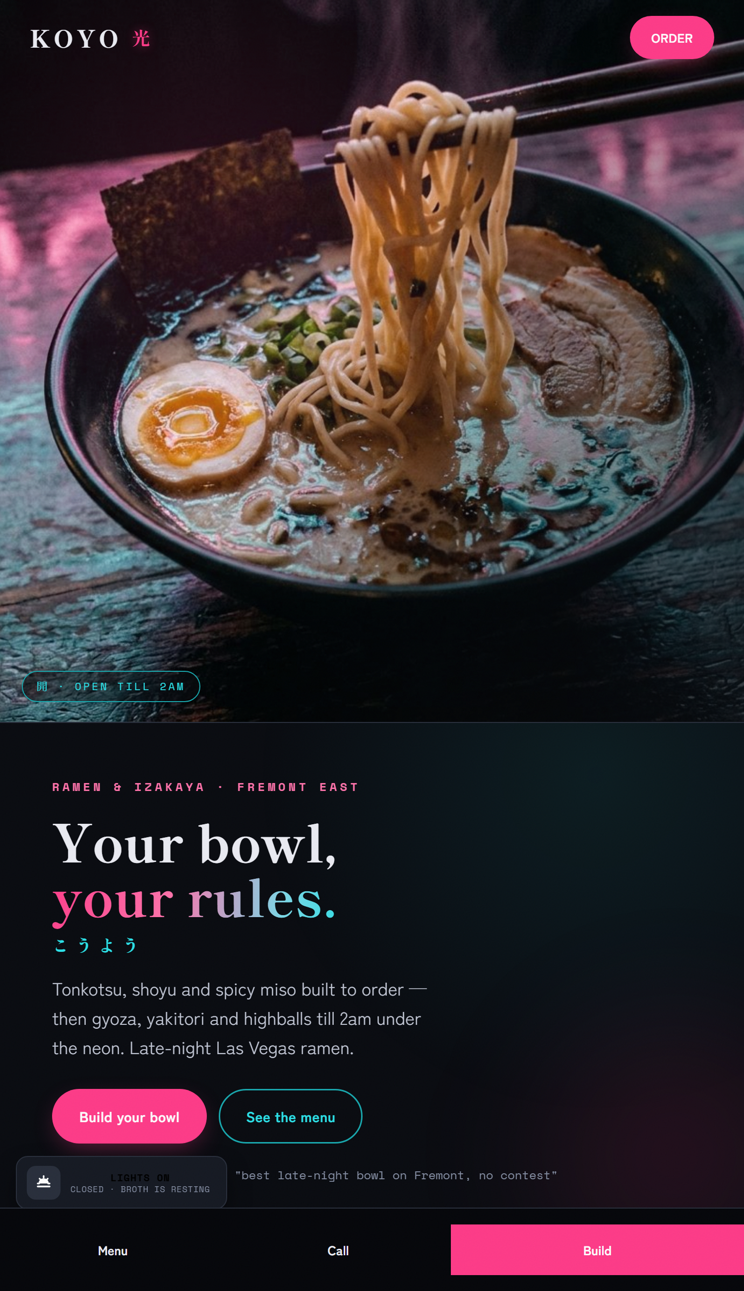 Koyo neon izakaya ramen demo website